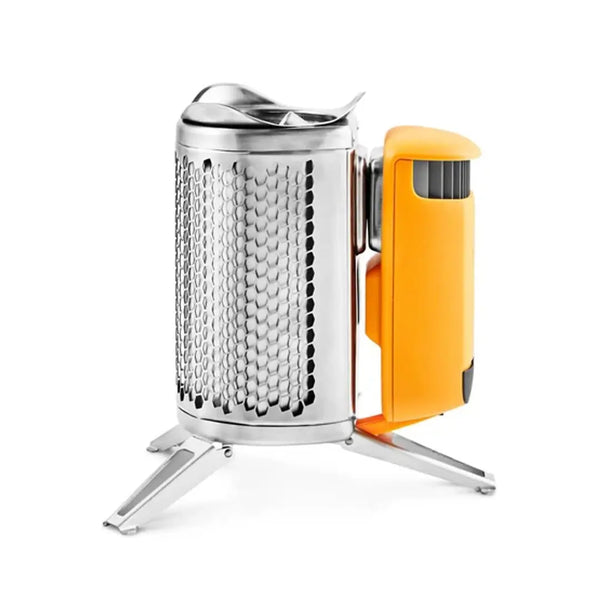 Biolite camp stove shown from the side with the legs extended on a white background
