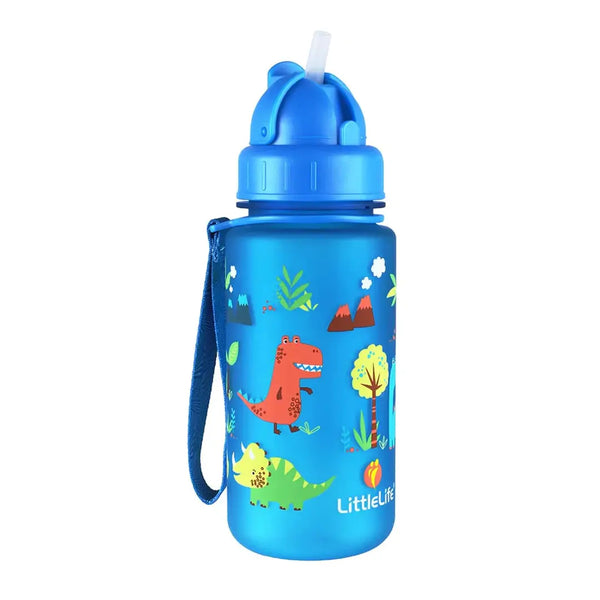 Littlelife Kids Plastic Water Bottle in the blue dinosaur design showing the pop up straw 