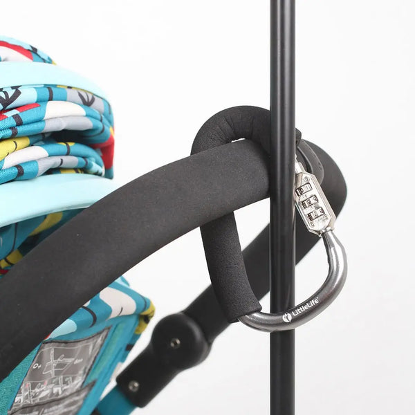 Littlelife 3 dial combination buggy lock in use with a pram and a pole