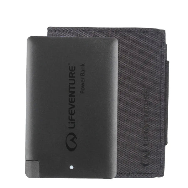 Lifeventure  RFiD Charger Wallet in grey colour shown alongside the battery power bank