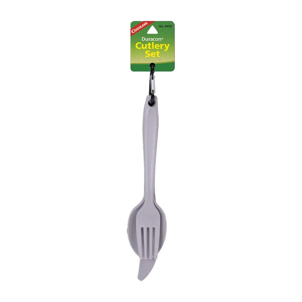 Packaging for Coghlans grey Duracon cutlery set on a white background.