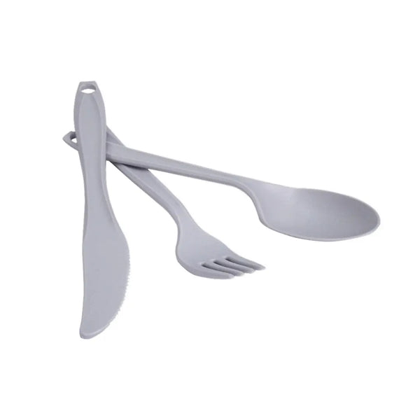 Coghlans Duracon set of grey utensils including a fork, knife, and spoon on a white background
