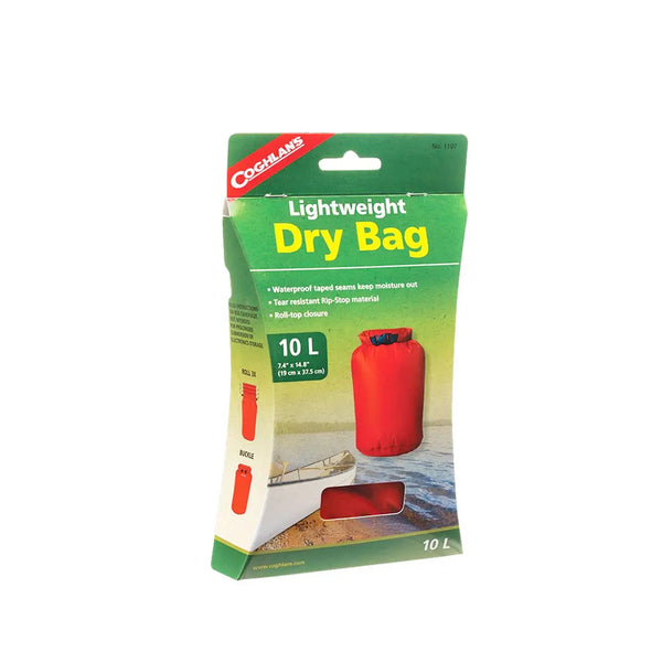 Coghlans 10 litre red dry bag packaging on a white background