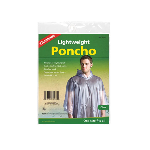 Coghlan's Lightweight Poncho packaging with a man wearing the poncho on a white background