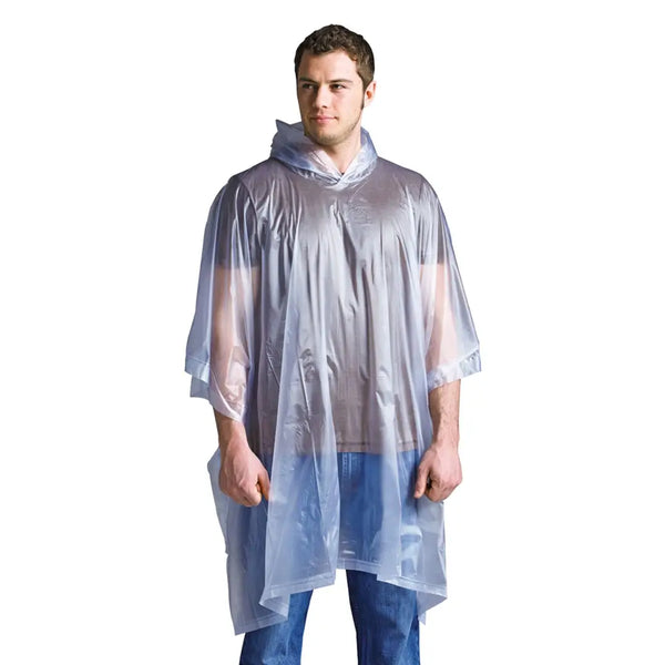 Man wearing a clear plastic rain poncho on a white background
