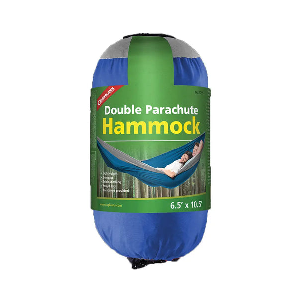 Coghlans double parachute hammock in grey/blue colour packed in its sack with packaging photographed on a white background