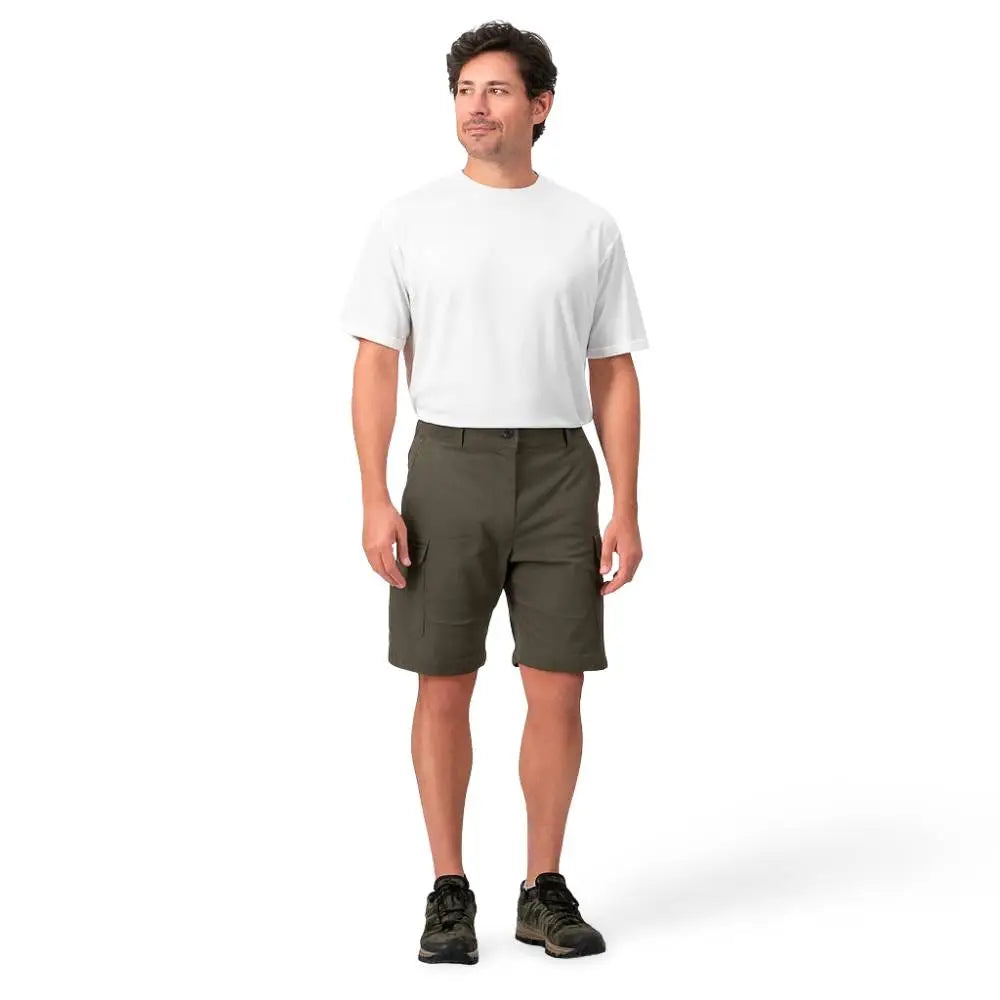 Man wearing a white Sub Zero Cool T Wicking top and green shorts on a white background