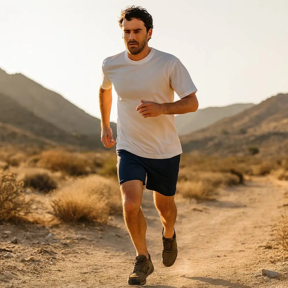 Man running on a dirt path in a desert landscape wearing a Sub Zero Cool T Wicking top with mountains in the background.
