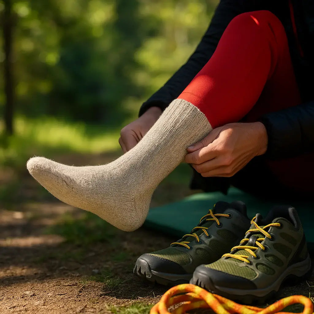 Person putting on a Sub Zero cotton walking sock in oatmeal colour prior to walking boots