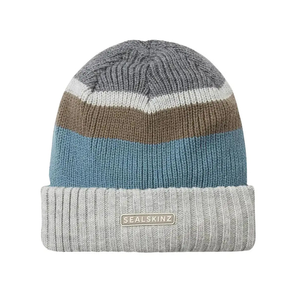 Front detail of Sealskinz waterproof and windproof thermal striped beanie hat in cream design