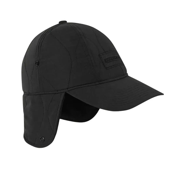 Side view of Diss waterproof insulated cap in black colour showing the stiff peak and dropped ear guards