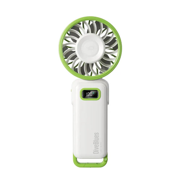 Diveblues Portable High Speed Turbo Handheld Fan shown from the front in white and green colour on a a white background