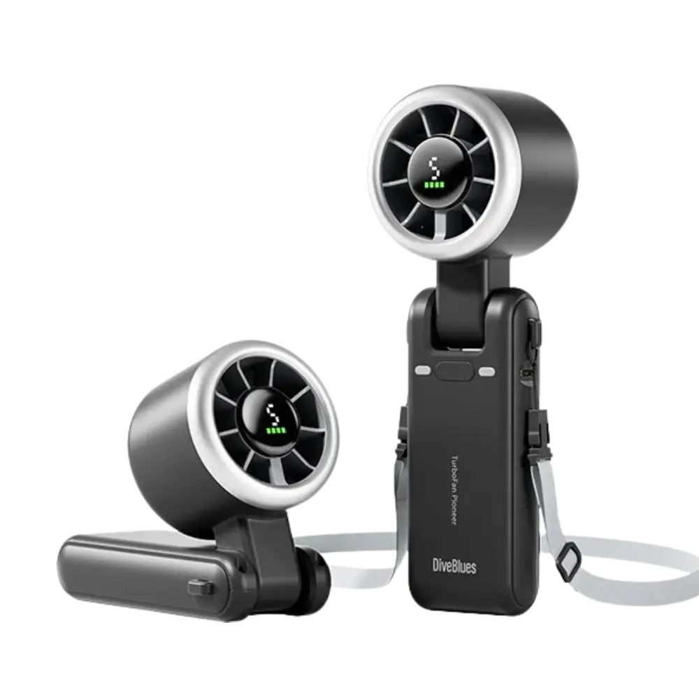 Diveblues Portable Jetforce Handheld Fan in colour grey showing the upright and angled fan position on a white background
