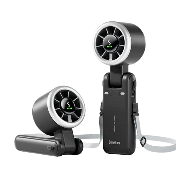 Diveblues Portable Jetforce Handheld Fan in colour grey showing the upright and angled fan position on a white background