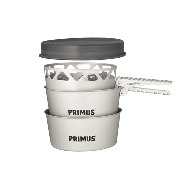 Primus Essential stove set in the 1300ml veriosn showing how the burner pots and pans nestle together