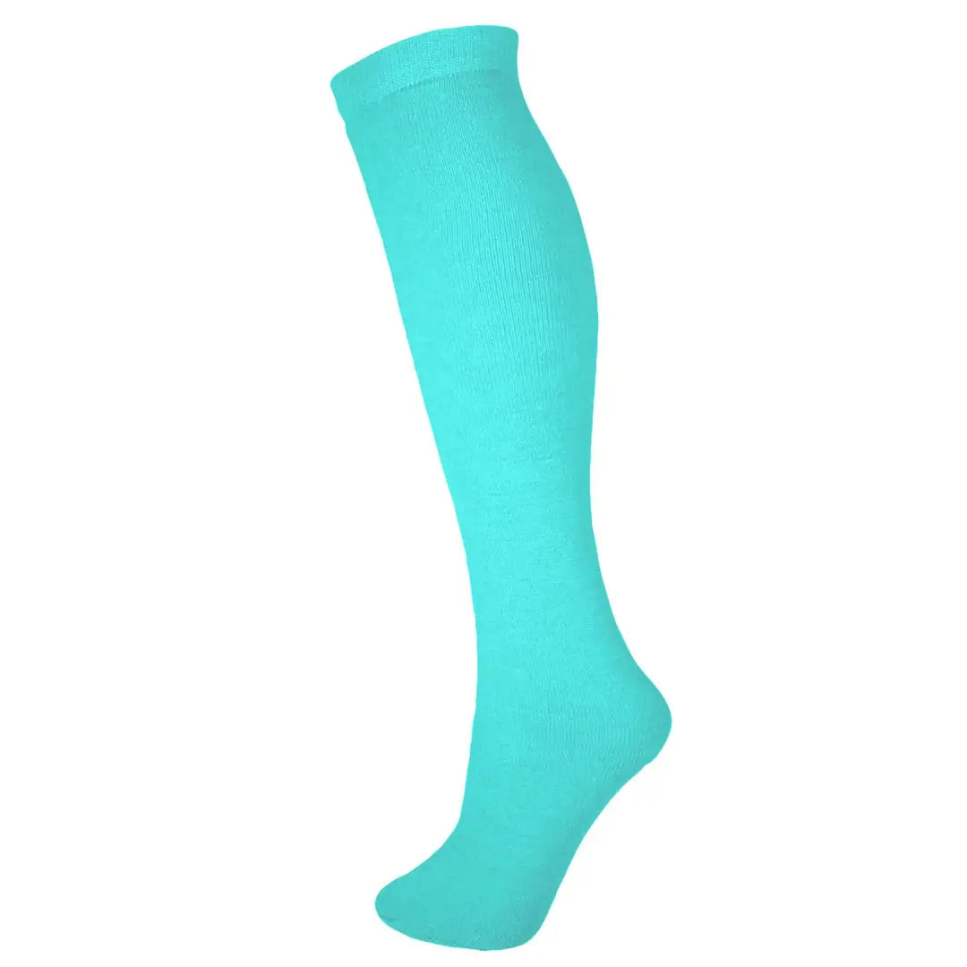 Manbi Essential thermal tube ski socks photographed on a foot mannaquin in aqua