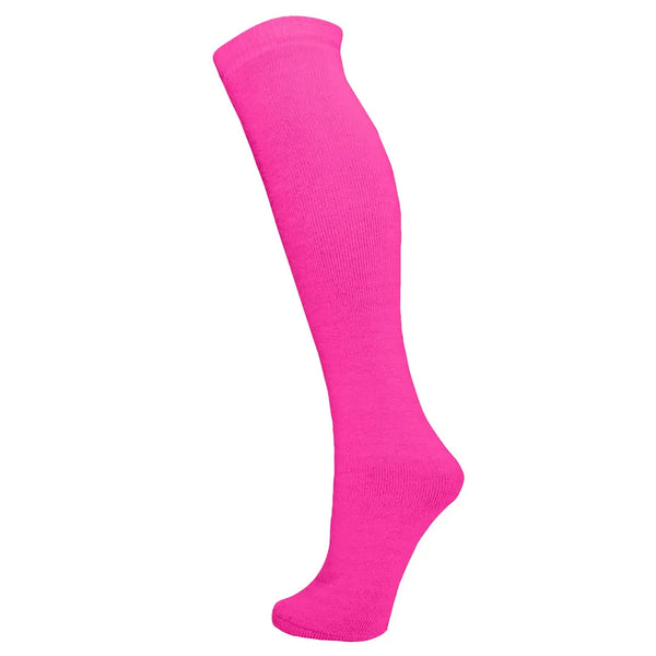 Manbi Essential thermal tube ski socks photographed on a foot mannaquin in neon pink