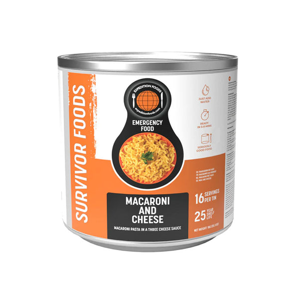 Expedition Foods Survivor range of freeze dried macaroni cheese in a tin suitable for vegetarians