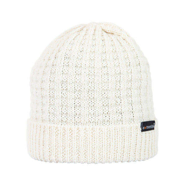 Extremities Bamford thermal beanie hat in cream colour photographed on a white background