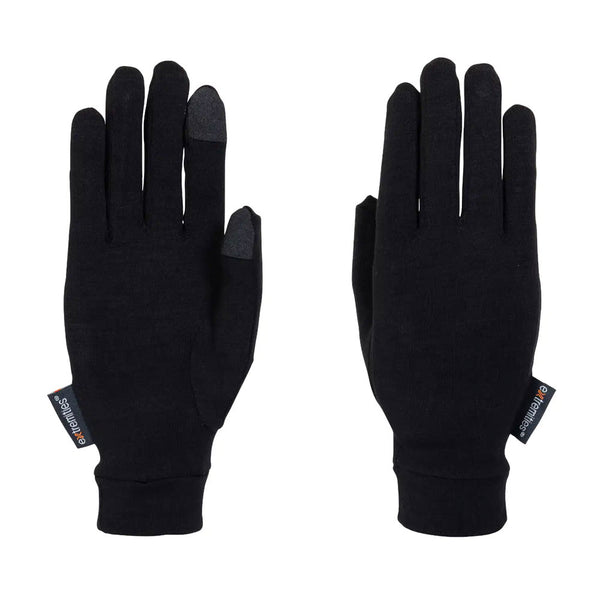 Pair of Extremities Merino Touchscreen Liner Gloves in black photographed on a white background