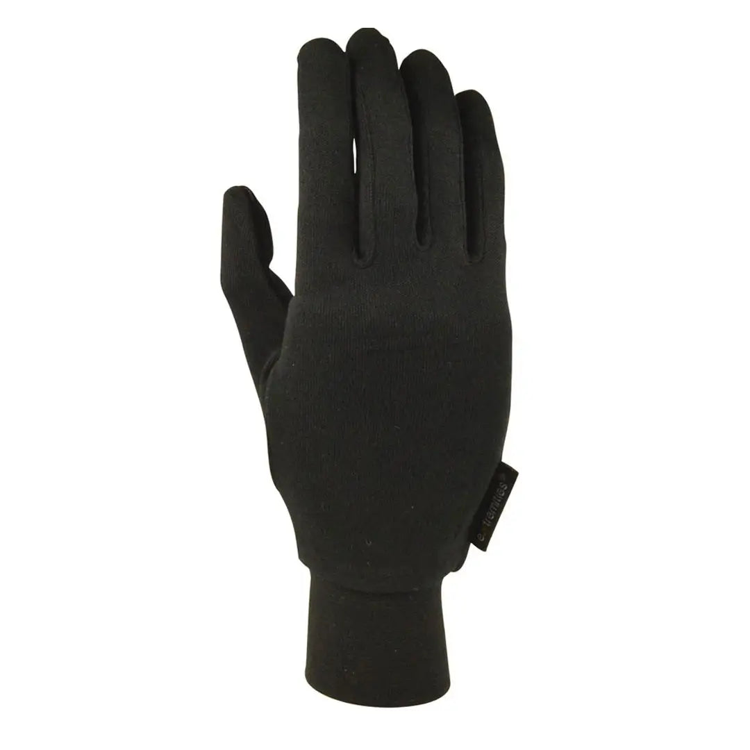 Back of the hand shot of Extremities Silk Liner Gloves in black on a white background