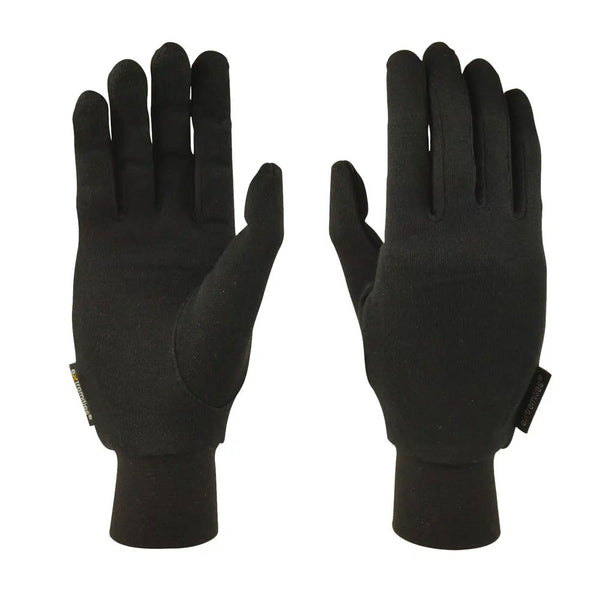 Pair of Extremities Silk Liner Gloves in black photographed on a white background