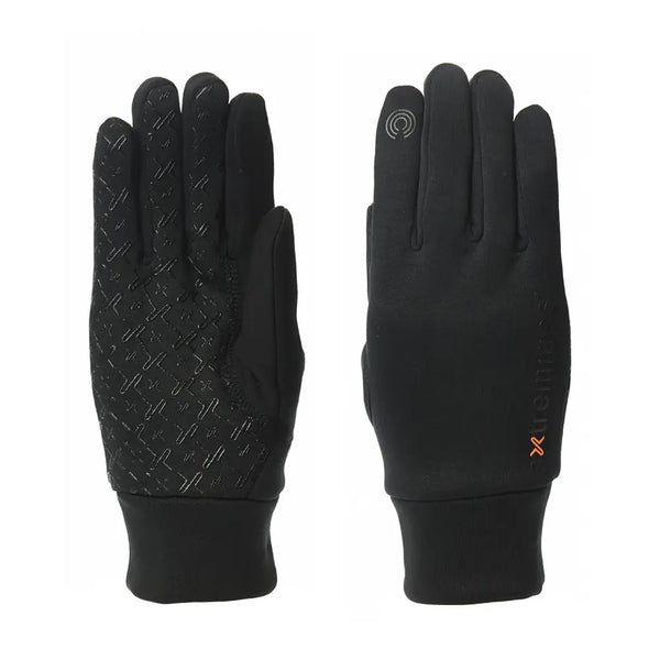 Left and right hand of Extremities sticky power liner gloves showing the silion palm pattern and reverse detail