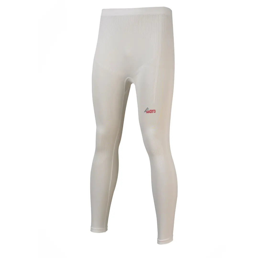 Front detail of Sub Zero Factor 1 plus mens base layer leggings in white photographed on a white background