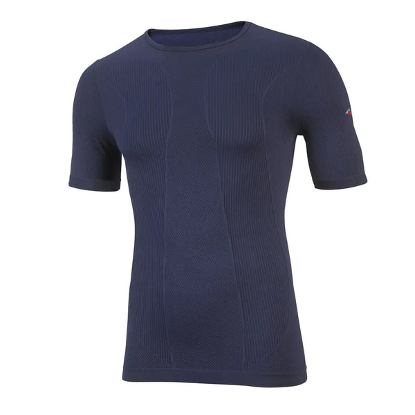 Front detail on a Sub Zero Factor 1 Plus Mens short sleeve thermal base layer top in navy colour