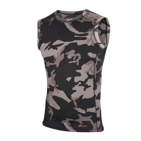 Frontal shot of Factor 2 Mens Sleeveless Mid Layer Thermal Top in grey camouflage photographed on a white background
