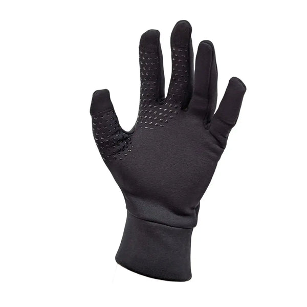 Left hand palm detail of Sub Zero Factor 2 Plus touchscreen thermal glove in black showing the double cuff, conductive tips and silicon grip pattern