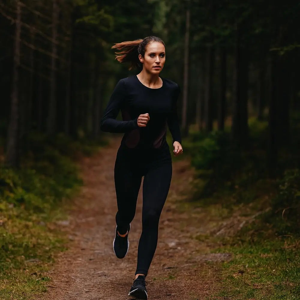Woman running on a path in a forest wearing a Sub Zero Factor 1 Plus Womens Long Sleeve Base Layer Stretch Top Pink Black with black leggings