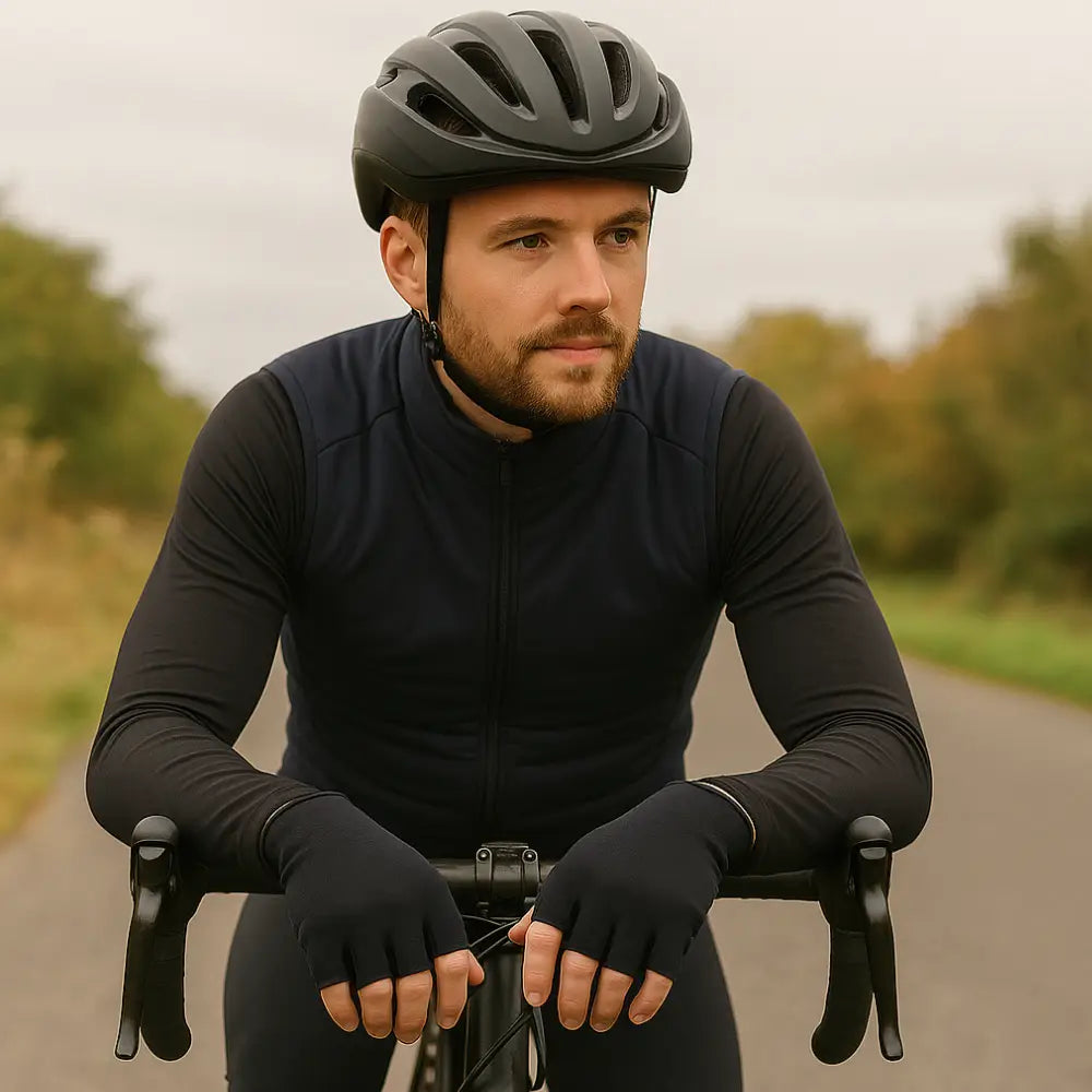 Sub Zero Factor 2 fingerless gloves being worn by a man cycling to keep his hands warm