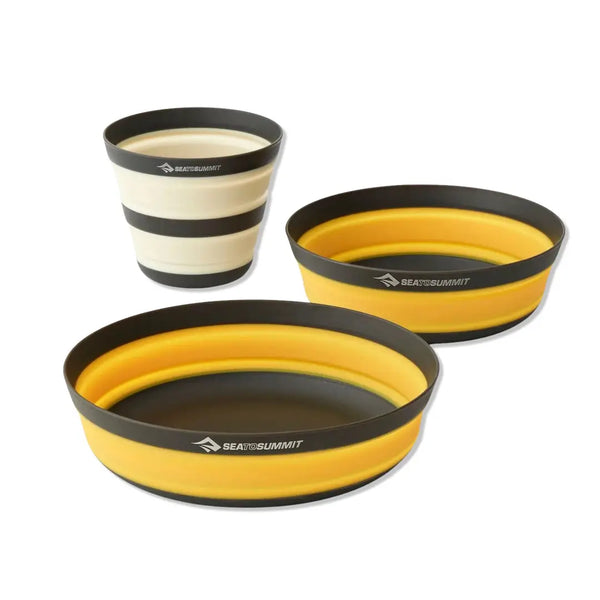 Sea To Summit 3 piece Frontier collapsible dinnerware set expanded to show the bowl, plate and cup