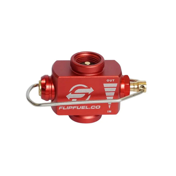 Flip Fuel Transfer Device in red colour showing the top valve and collapsible valve handle