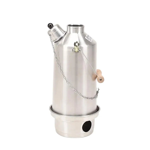 Side detail of an Adventurer aluminium Ghillie Kettle showing the fire box feed hole and carry handle 