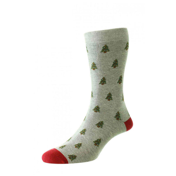 Studio shot on a white background of a HJ Hall Cotton Rich Men's sock in a foot dummy showing the grey Christmas tree design