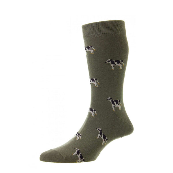 Studio shot on a white background of a HJ Hall Cotton Rich Men's sock in a foot dummy showing the olive cow design