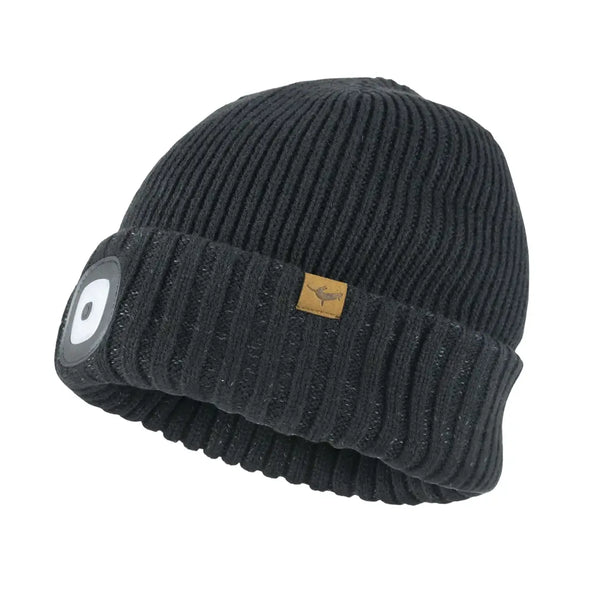 Sealskinz Heydon waterproof knitted beanie hat side view showing the LED front light and rolled cuff