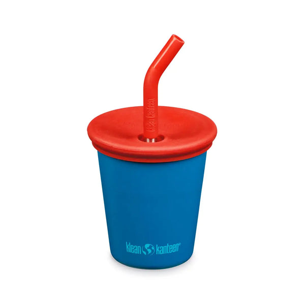 Klean Kanteen stainless steel 296ml kid cup photographed from the front showing the lid and straw in Mykonos Blue colour