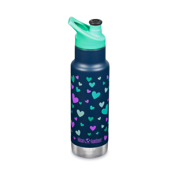 Klean Kanteen Vacuum Insulated Kid Classic Water Bottle 355ml in navy heart design shot on a white background