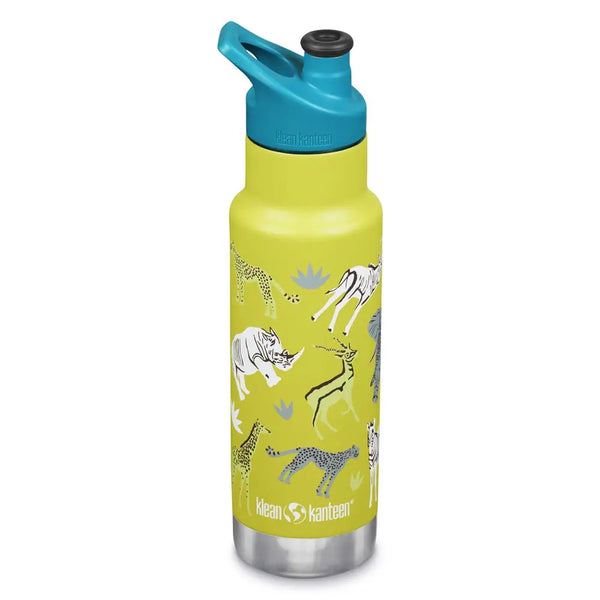 Klean Kanteen Vacuum Insulated Kid Classic Water Bottle 355ml in green safari design shot on a white background