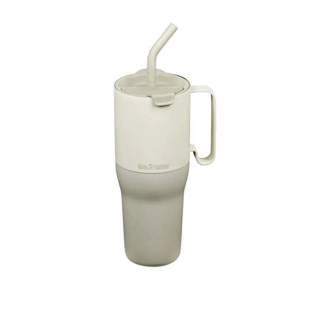 Front detail of Klean Kanteens large 1064ml insulated rise tumbler in tofu biege colour showing the straw and large handle 