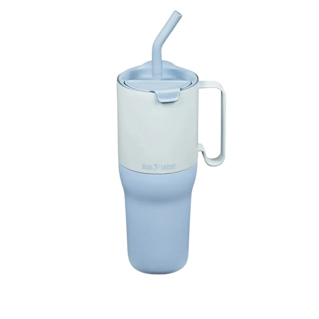 Front detail of Klean Kanteens large 1064ml insulated rise tumbler in ice blue colour showing the straw and large handle 