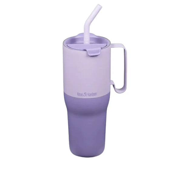 Front detail of Klean Kanteens large 1064ml insulated rise tumbler in orchid bloom purple colour showing the straw and large handle 