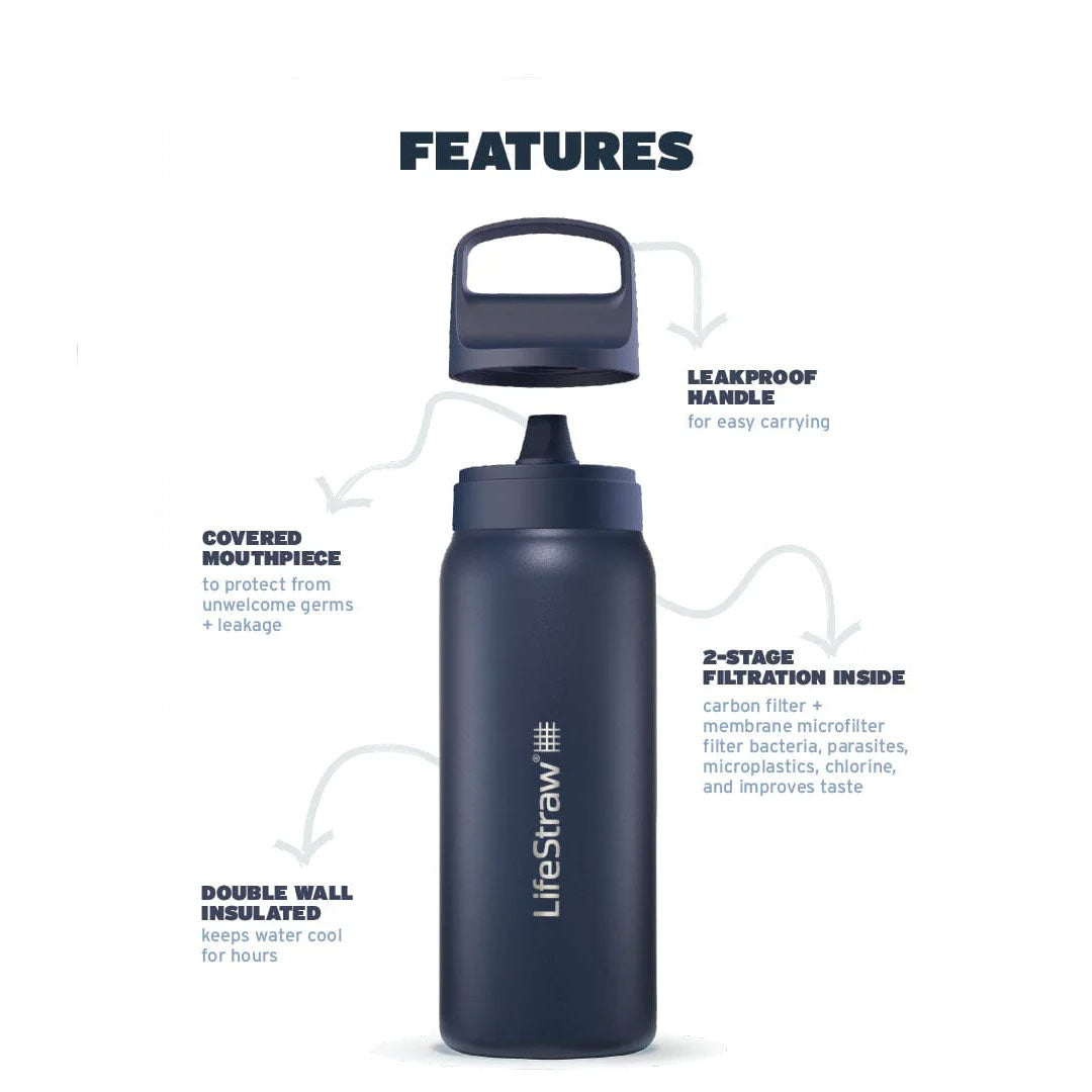 Features of LifeStraw 1000ml vacuum insulated stainless steel Go Series water filter 