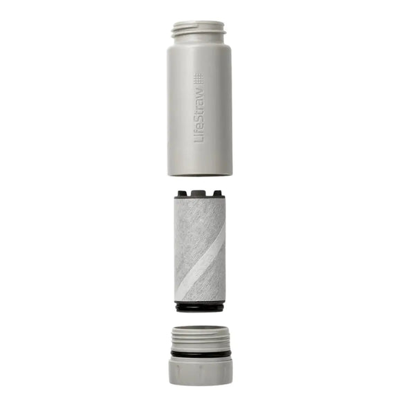 Deconstruction image of a LifeStraw Peak ersies replacement membrane microfilter showing its constituent parts