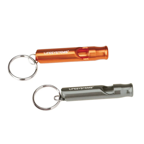 Lifesystems anodised aluminium mountain whistle in both the orange and silver colours