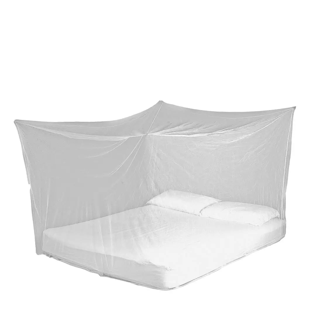 A white Lifesystems boxnet double mosquito net set up over a double bed, showcasing the spacious enclosure and mesh detailing, on a white background