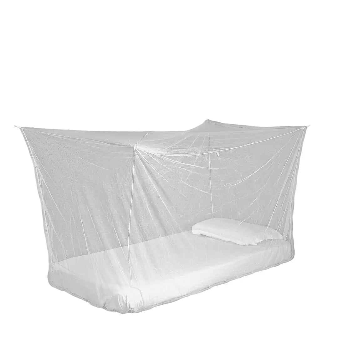 A white Lifesystems Boxnet single mosquito net set up over a single bed, showcasing its spacious design, on a white background